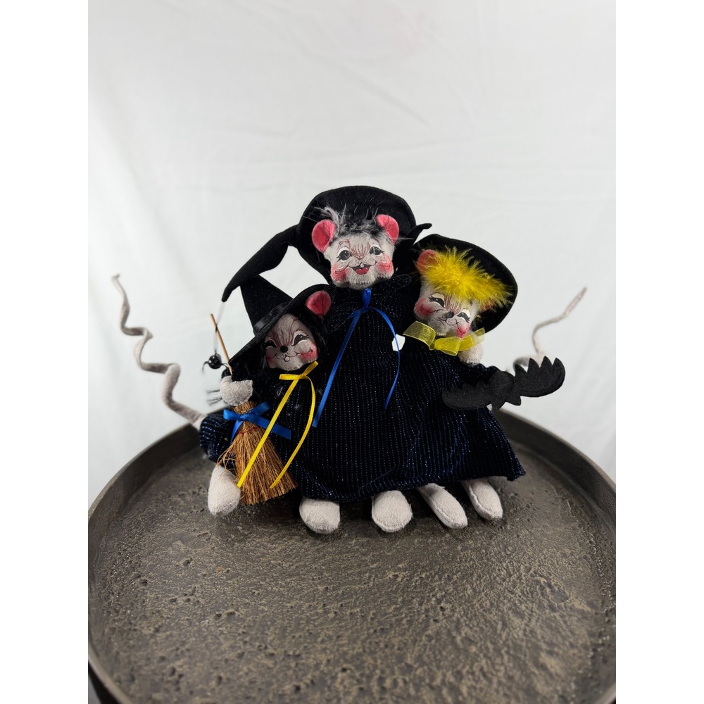 Annalee 2005 Halloween Witch Mice Trio Felt Dolls Navy Blue Sparkle Decor